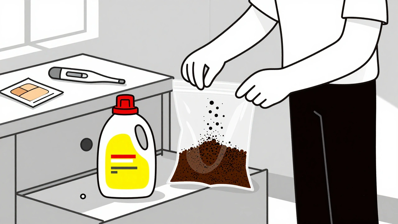 Person mixing expired pills with coffee grounds in a sealed bag beside a labeled sharps container in minimalist style.