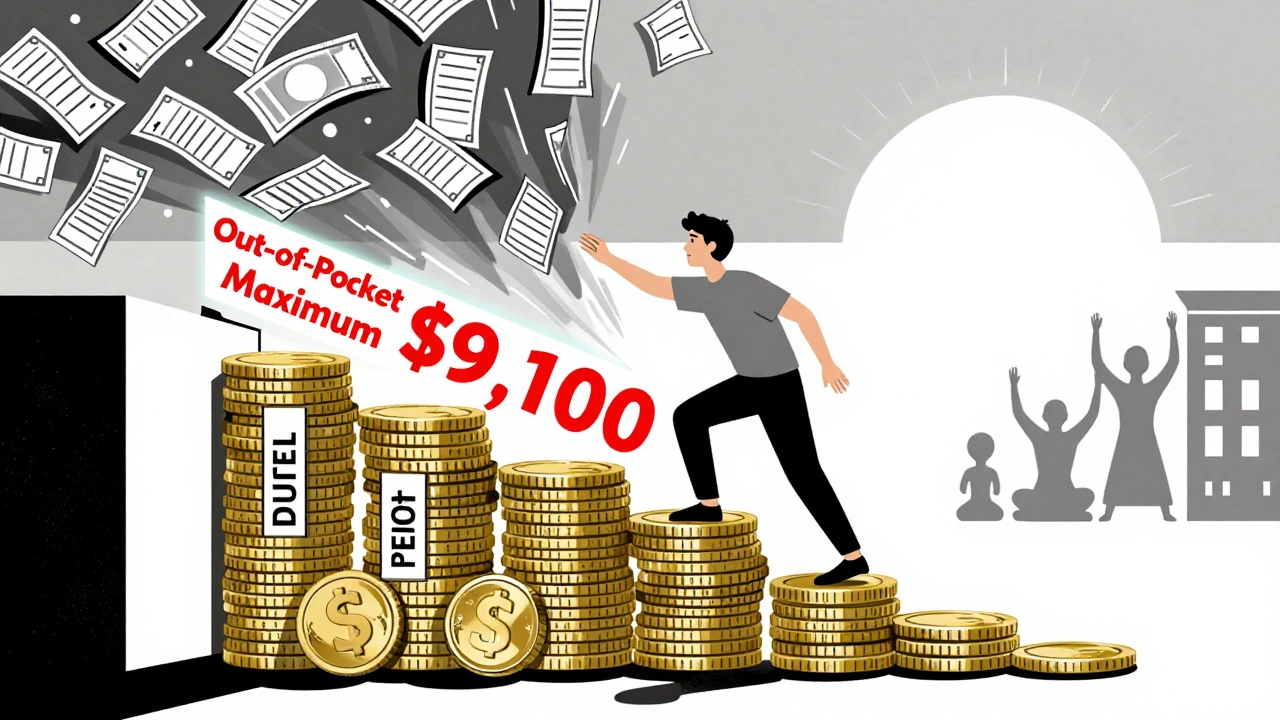 Person reaching out-of-pocket maximum, climbing a staircase of medical costs.