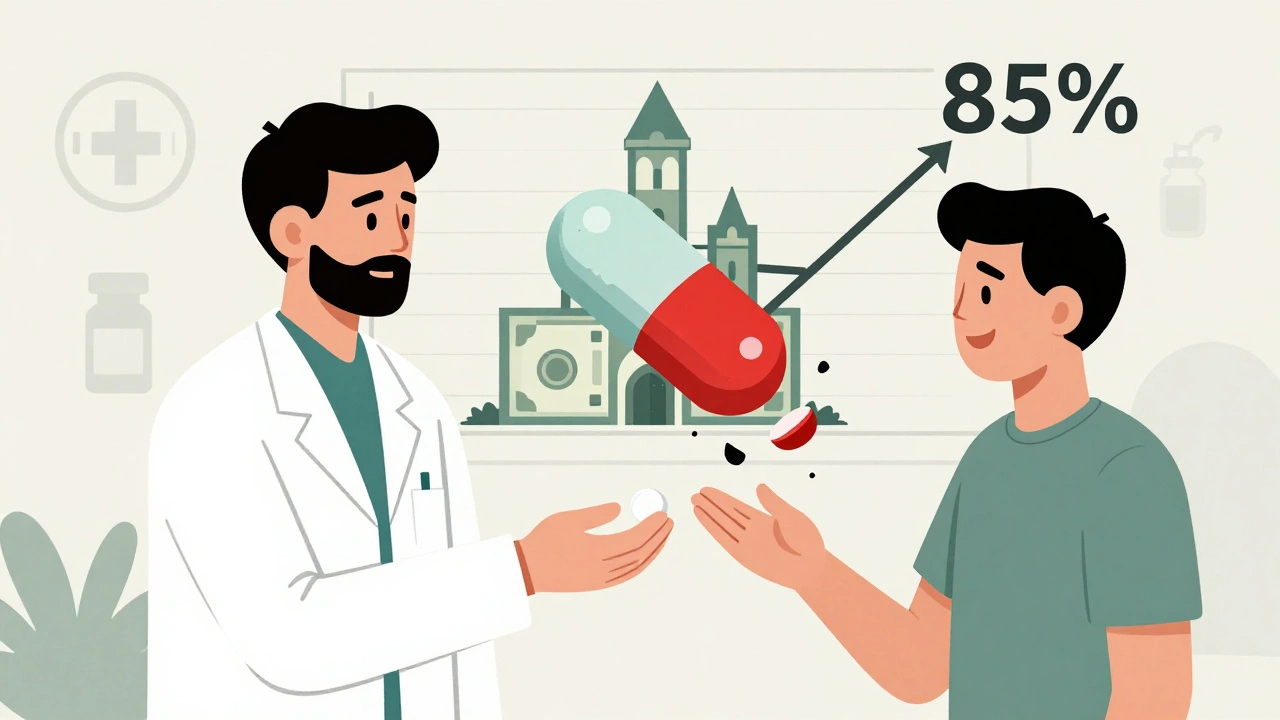 Pharmacist giving a generic pill to a patient, while a branded pill crumbles into dust behind them.