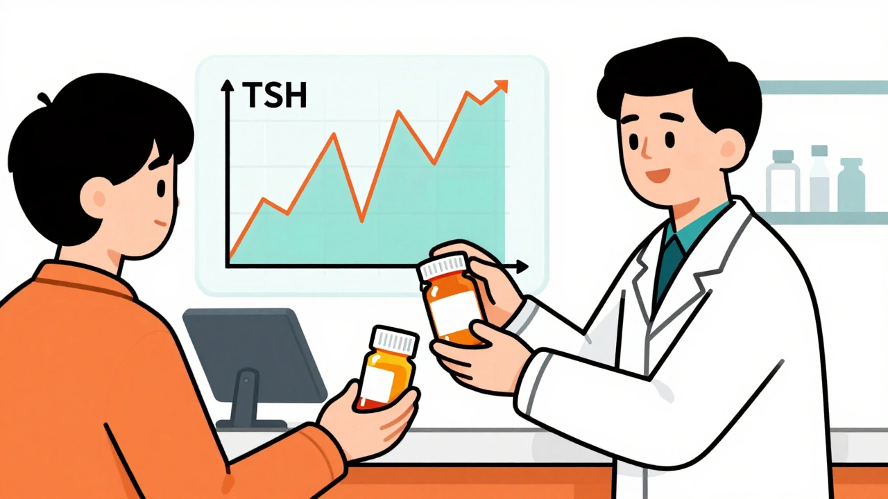 Pharmacist giving generic pill bottle while abstract graphs show stable vs unstable blood levels