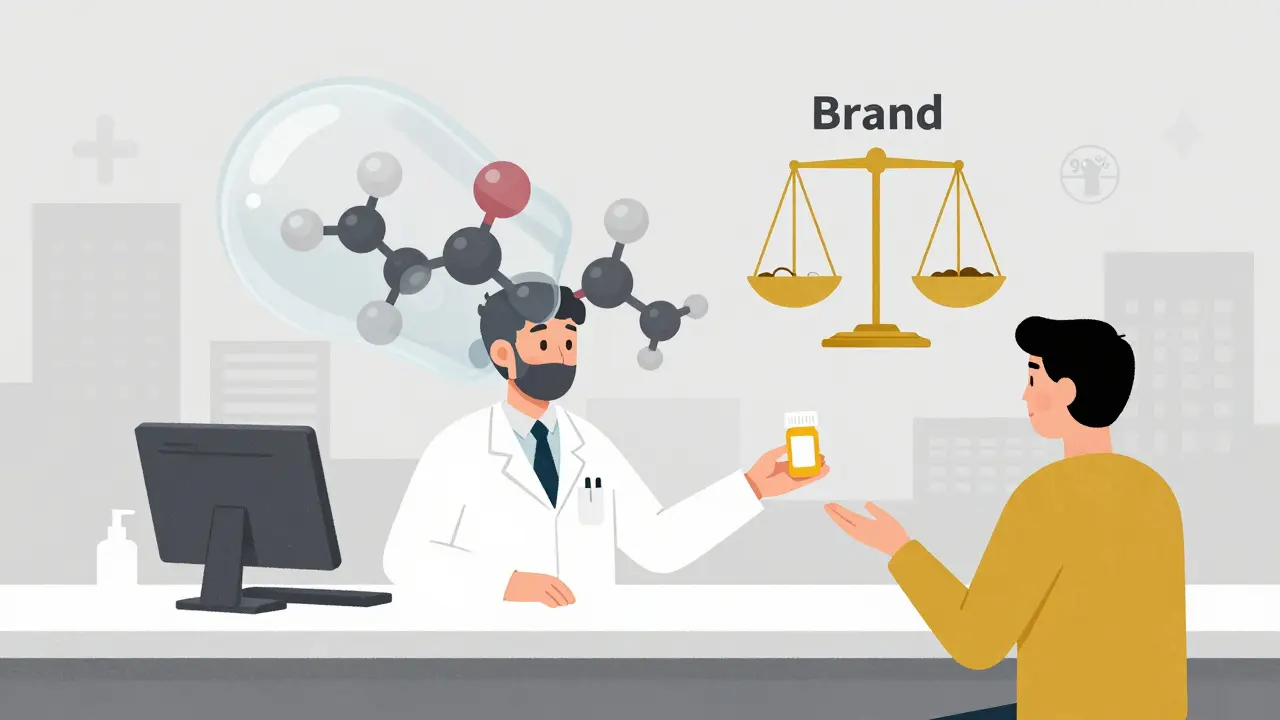 Pharmacist handing pill bottle with floating balanced brand and generic symbols