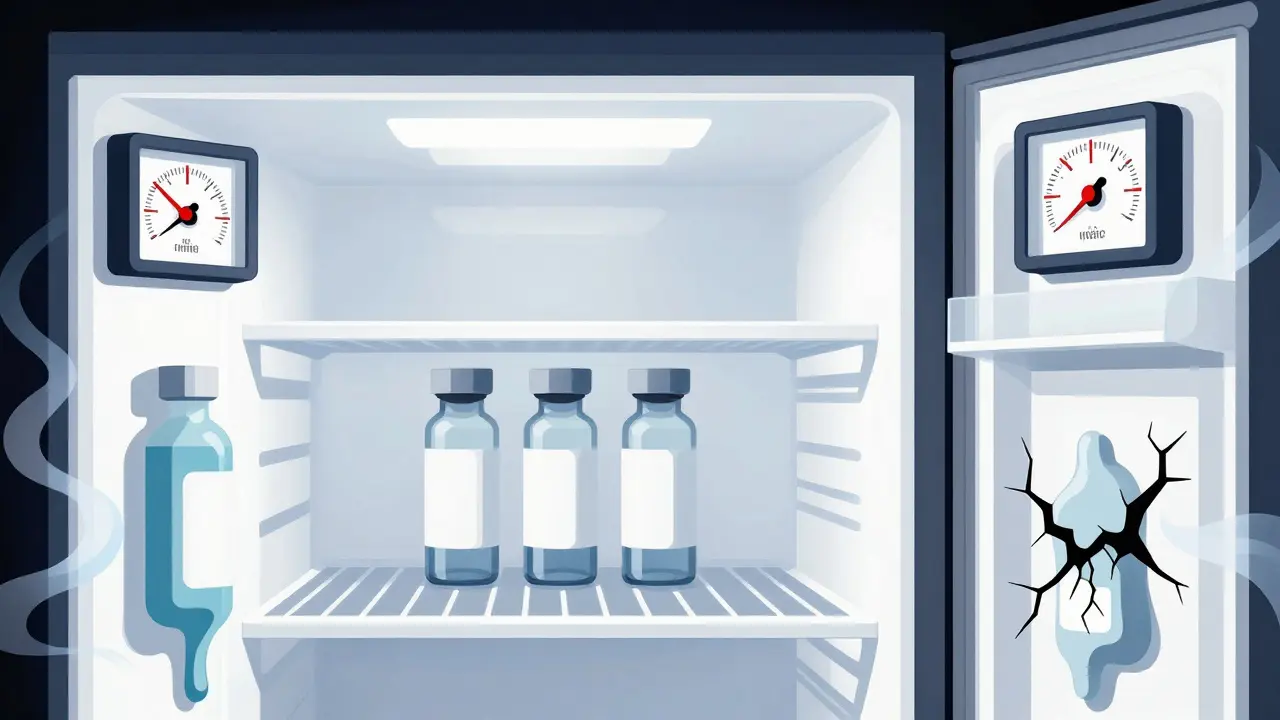 Pharmacy refrigerator with insulin vials in the center, others damaged on the door due to temperature swings.