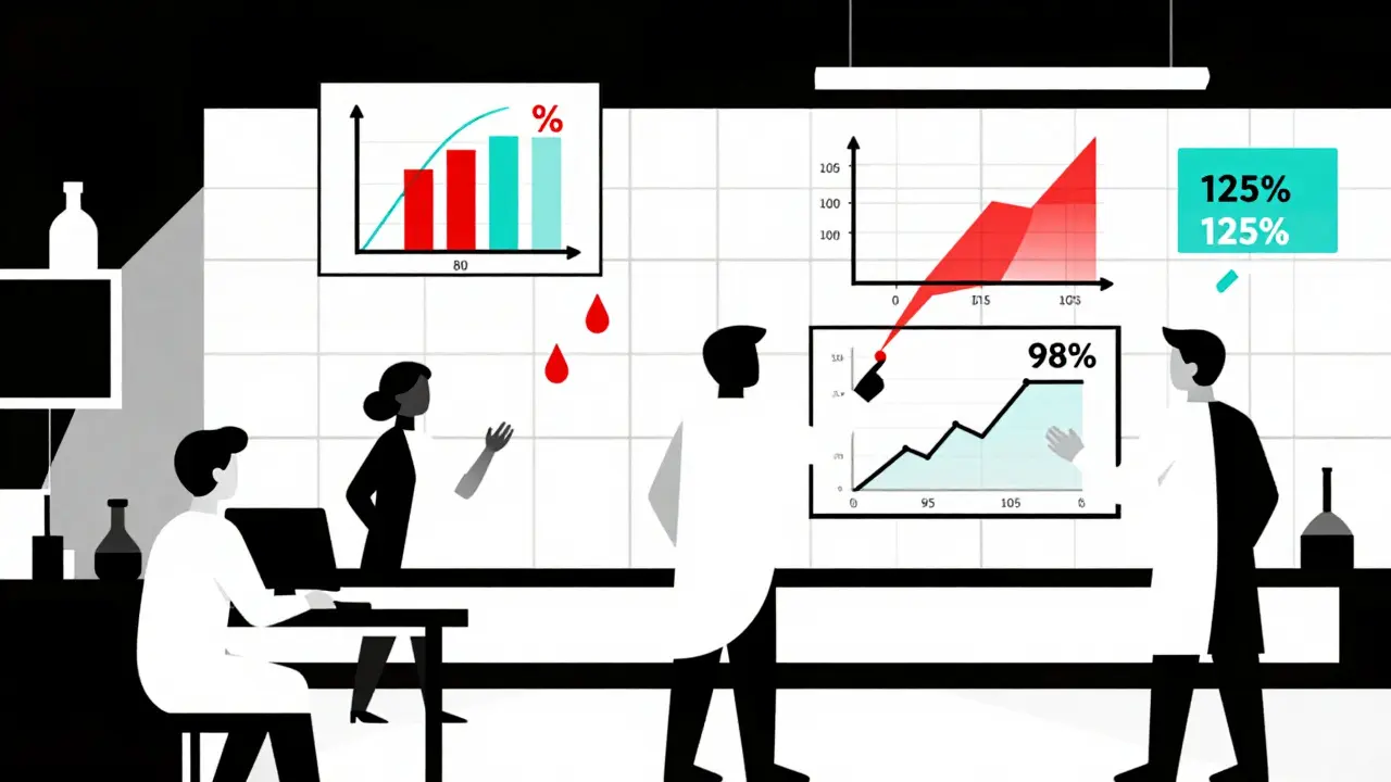 Scientists analyzing floating percentage scales and blood data in a geometric lab scene