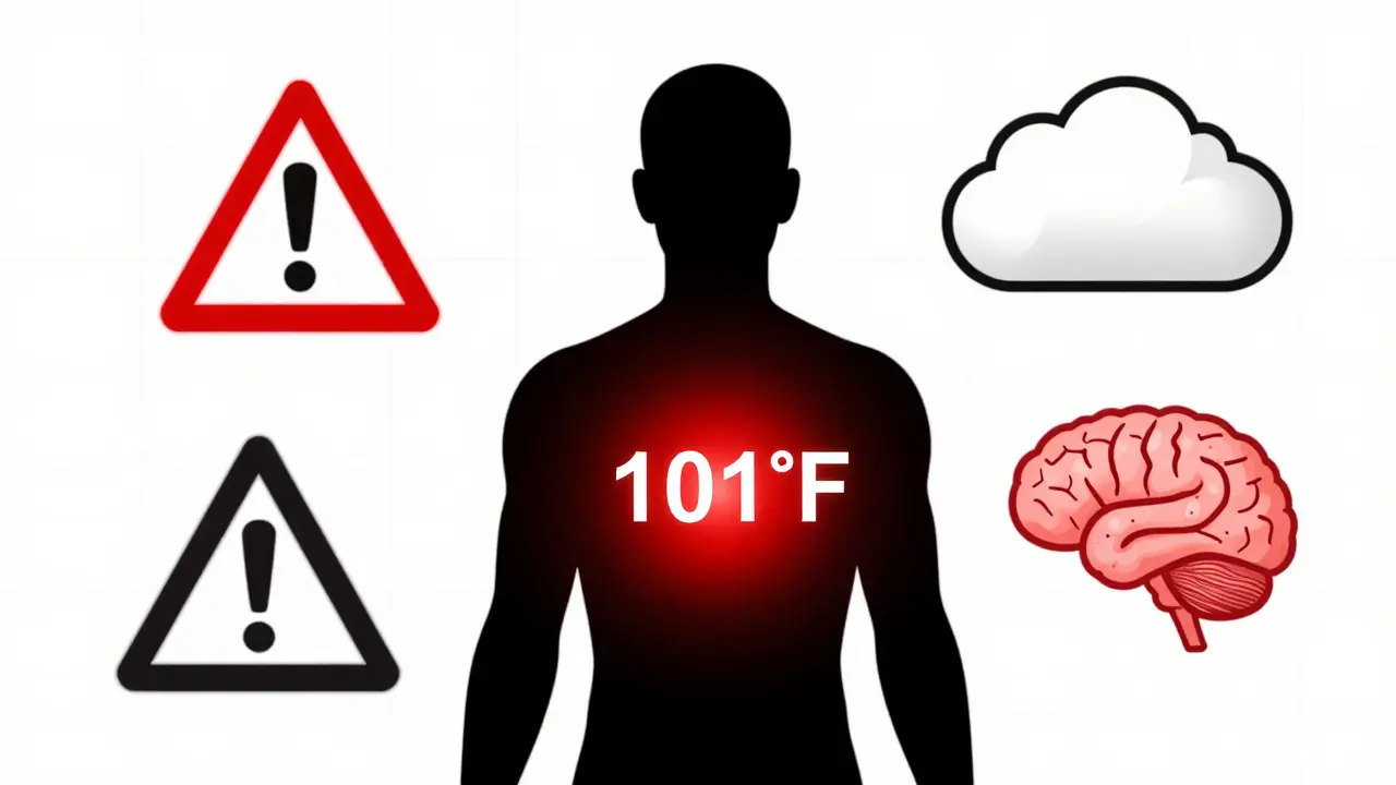 Silhouette with glowing fever core and warning symbols in abstract geometric shapes.