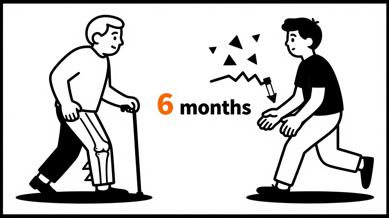 Split illustration comparing osteoarthritis and rheumatoid arthritis diagnosis timelines