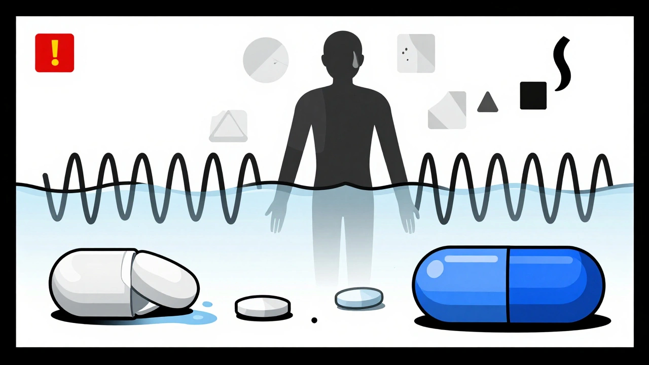 Split illustration of two pills dissolving with abstract absorption waves and symptom icons.