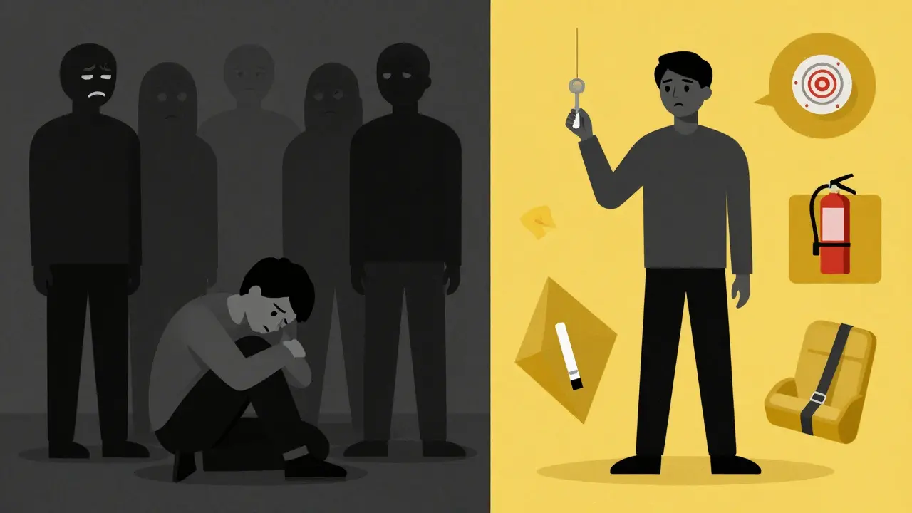 Split image: shame vs. empowerment, with naloxone as a key symbol of safety.