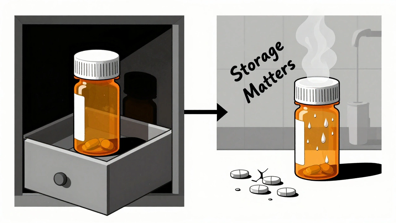 Split scene comparing ideal dry storage vs. humid bathroom conditions for medications