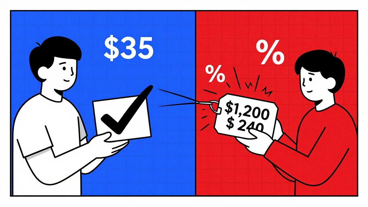 Split scene: fixed copay vs. percentage coinsurance payment for medication.
