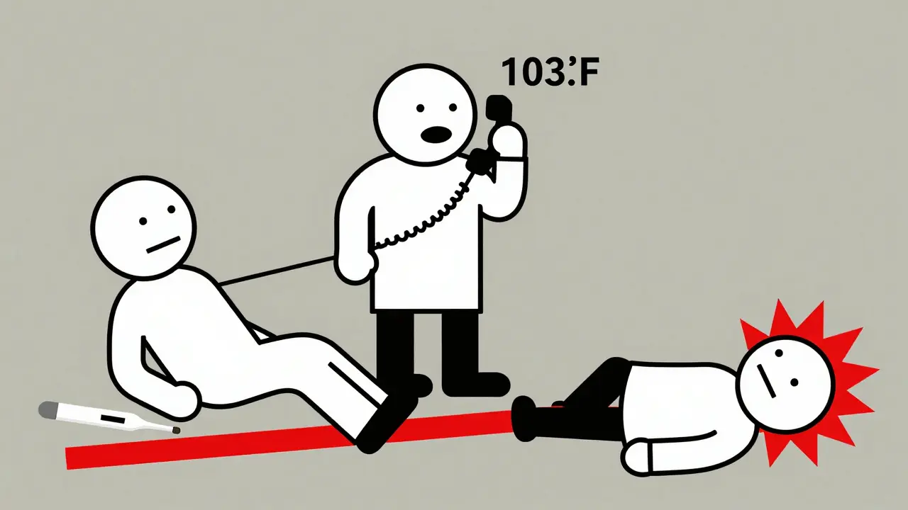 Three figures representing different fever responses in minimalist Bauhaus design.