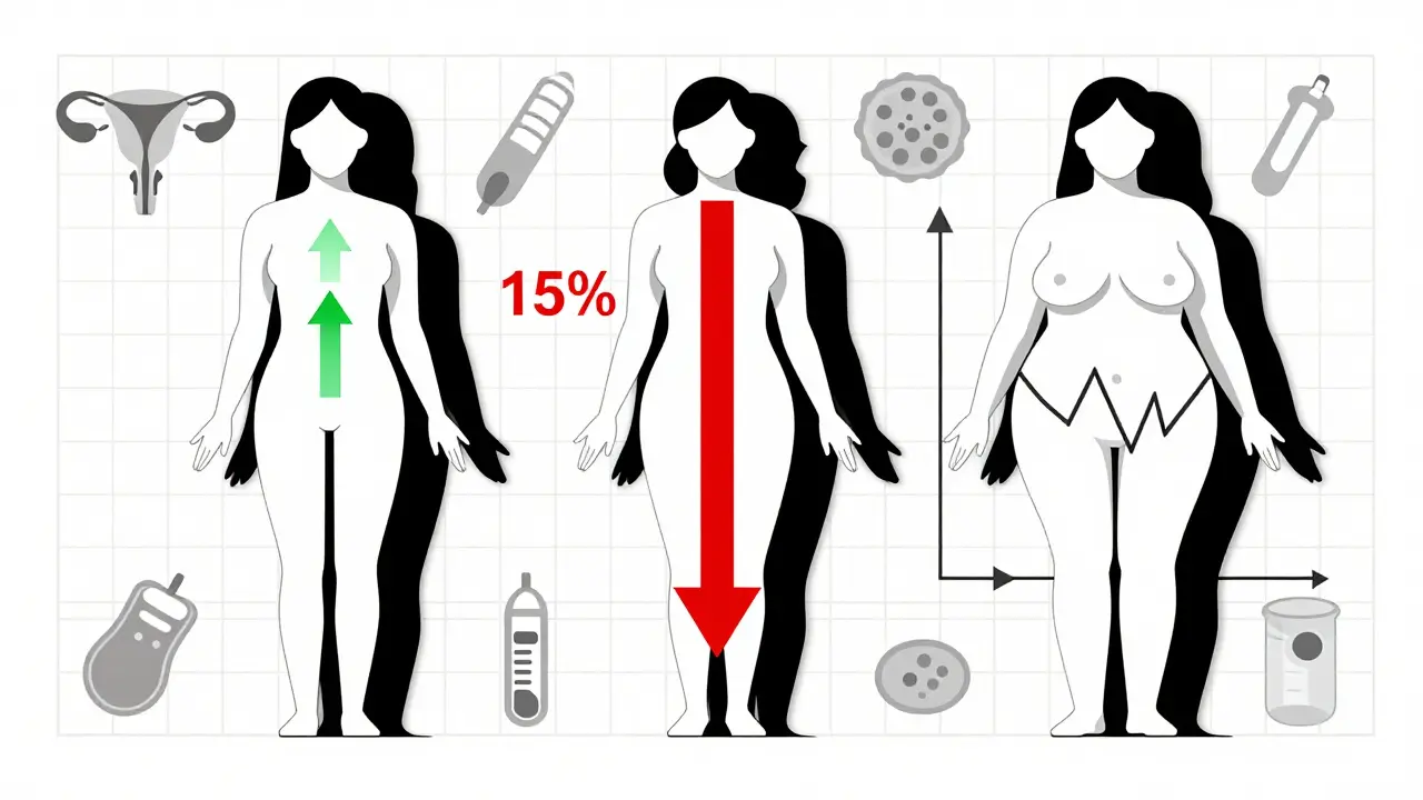 Three women compared with abstract arrows showing different weight loss outcomes.