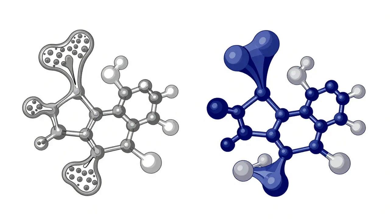 A complex biologic drug next to a simplified generic version, showing the challenge of replication in abstract Bauhaus design.