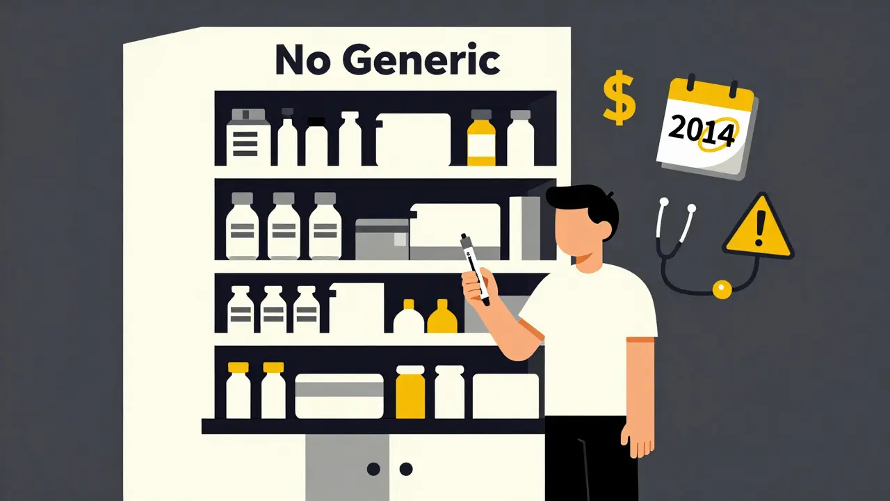 A patient facing a shelf with no generic option, surrounded by symbols of cost and delay in minimalist Bauhaus illustration.