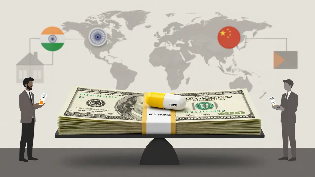 A scale balancing high drug costs against a single generic pill, with smiling patients in background.