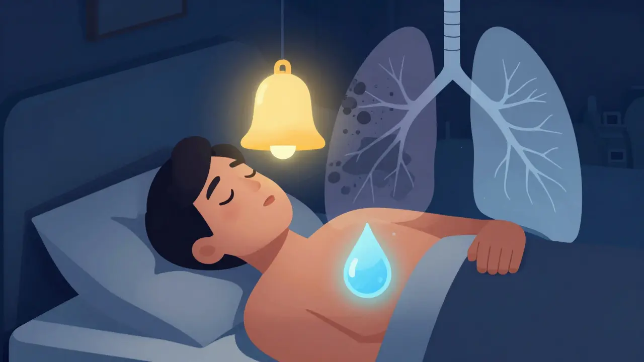 A sleeper with two glowing symbols above their chest — a silent bell and a water droplet — representing cough medicine types.
