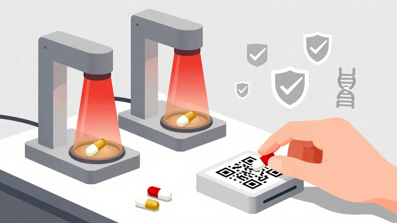 Abstract lab machines verifying pills with blockchain symbols in minimalist Bauhaus style.