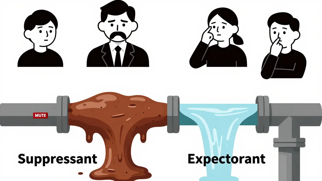 An airway pipe system with clogged mucus on one side and flushing water on the other, in geometric Bauhaus design.