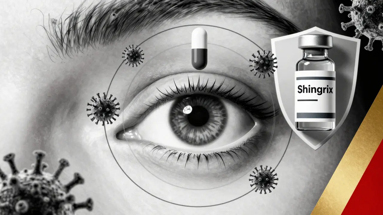 An eye protected by a vaccine shield, with viral particles and a capsule in Bauhaus abstract style.