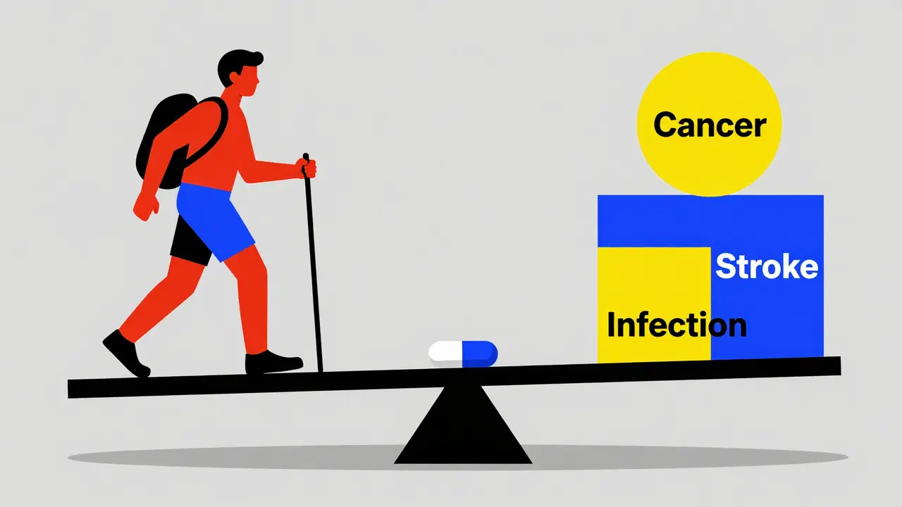 Balance scale with healthy figure against medical risk symbols, centered by a pill.