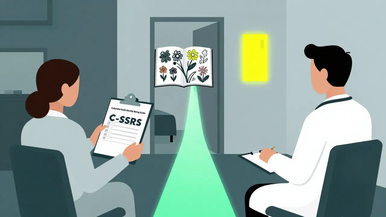 Doctor and parent reviewing suicide risk scale with a path of healing leading to a teen's room where art transforms.