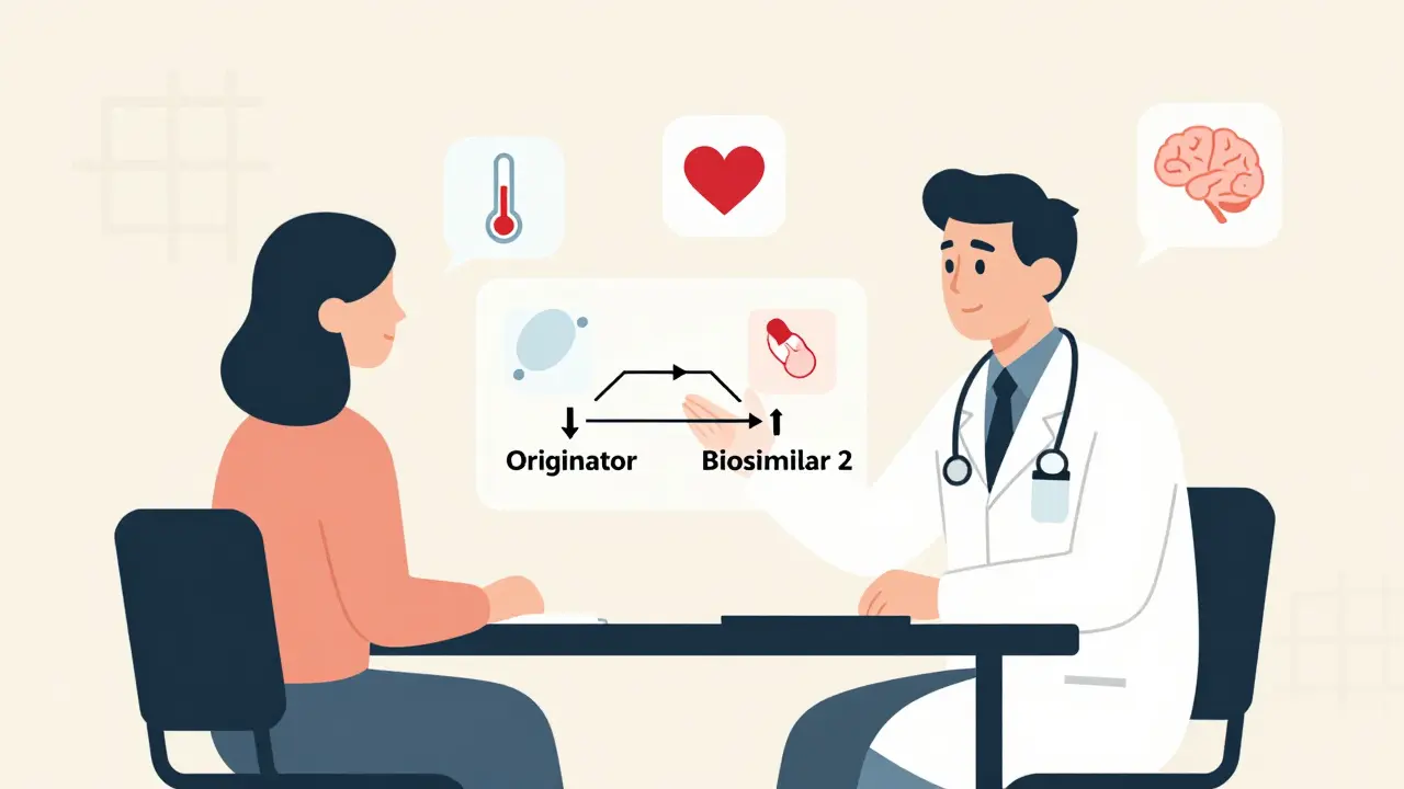 Doctor and patient discussing drug switch using a geometric flowchart on a minimalist table.