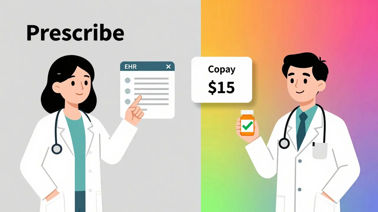 Doctor prescribing with and without cost alert, patient holding pill with green checkmark.