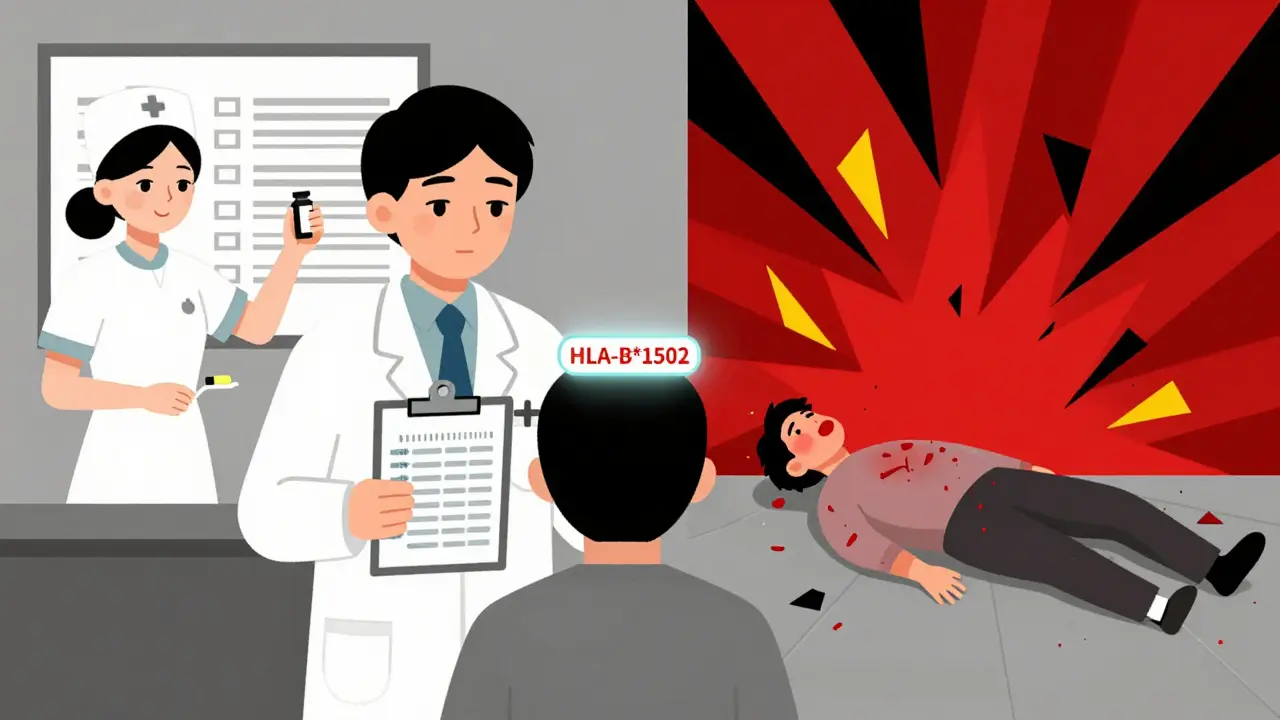Doctor with genetic code above patient, split scene of dosage adjustment versus severe skin reaction in bold Bauhaus colors.