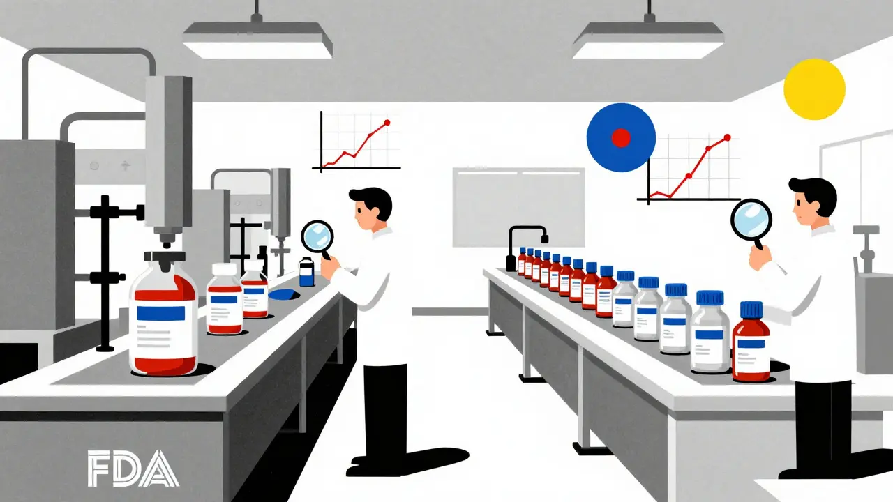 Factory production lines making brand and generic drugs under FDA inspection with geometric elements.