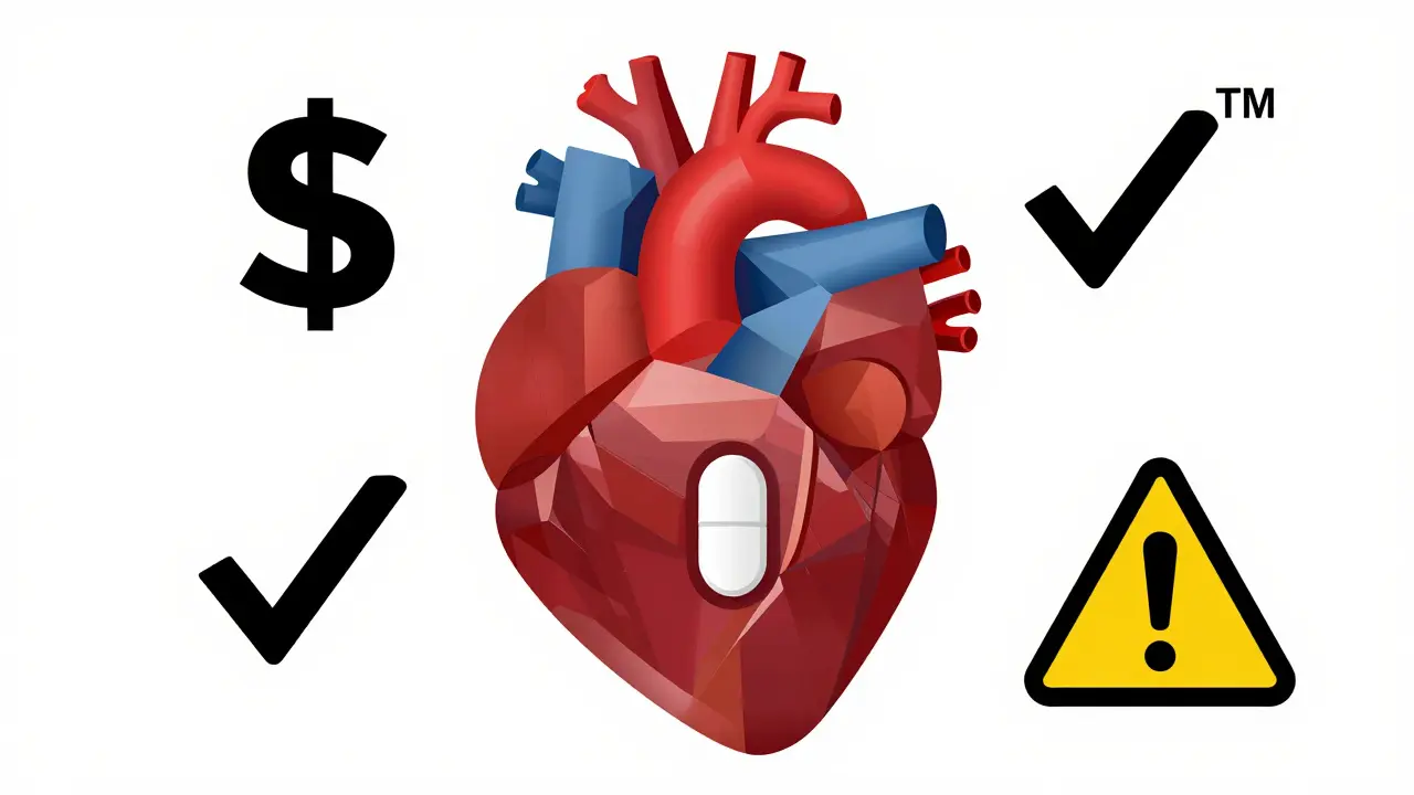 Geometric heart with a pill falling into it, surrounded by symbols for cost, law, safety, and risk.