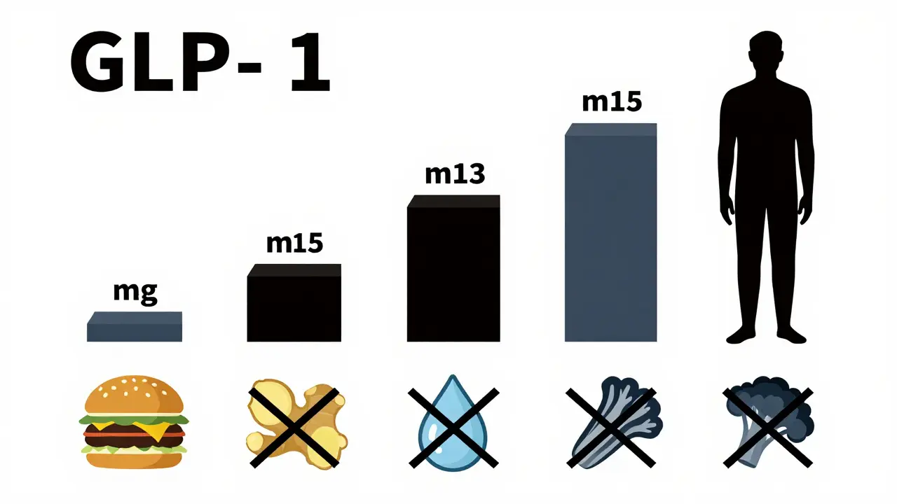 Geometric timeline showing GLP-1 dose increases alongside improved dietary choices and reduced nausea.