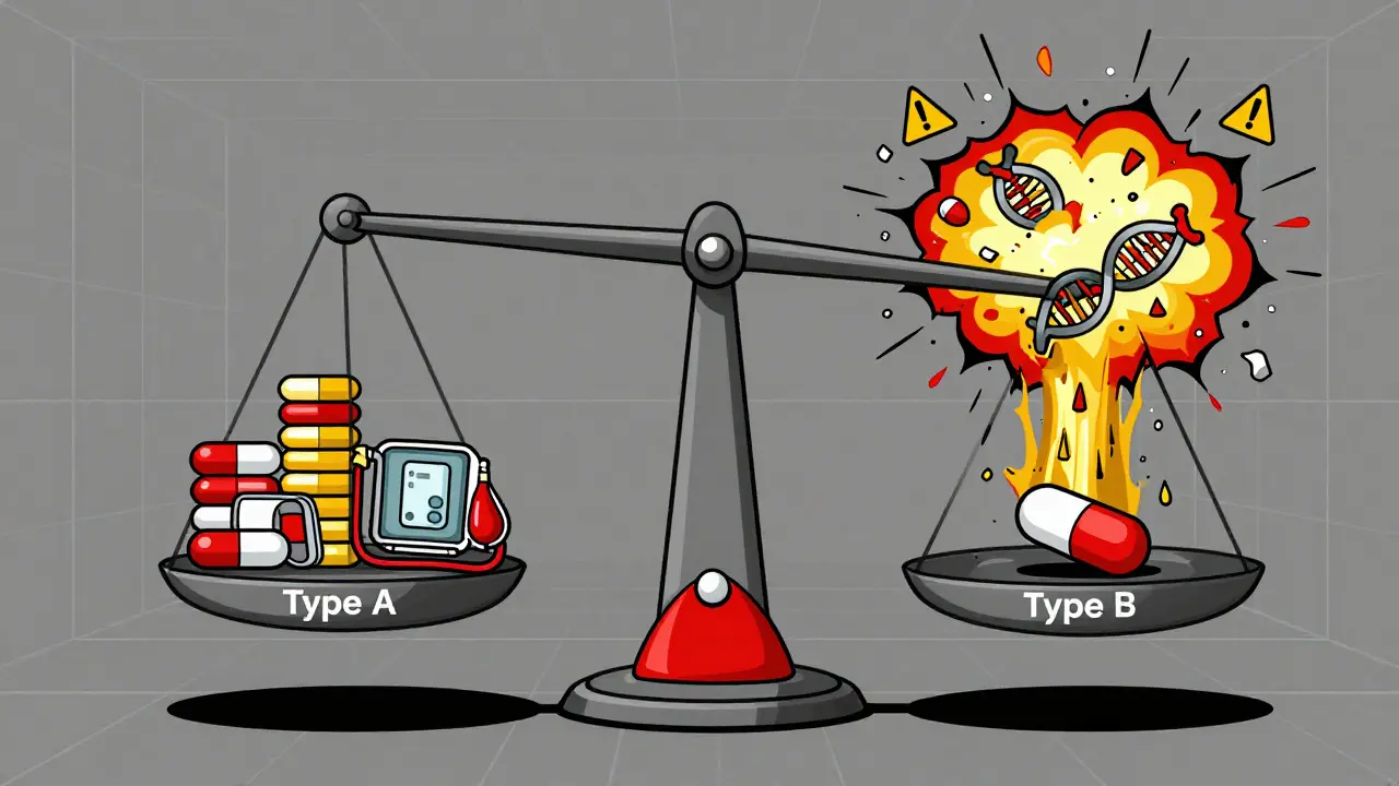 Giant scale balancing predictable side effects against explosive unpredictable reaction, abstract geometric design in industrial palette.