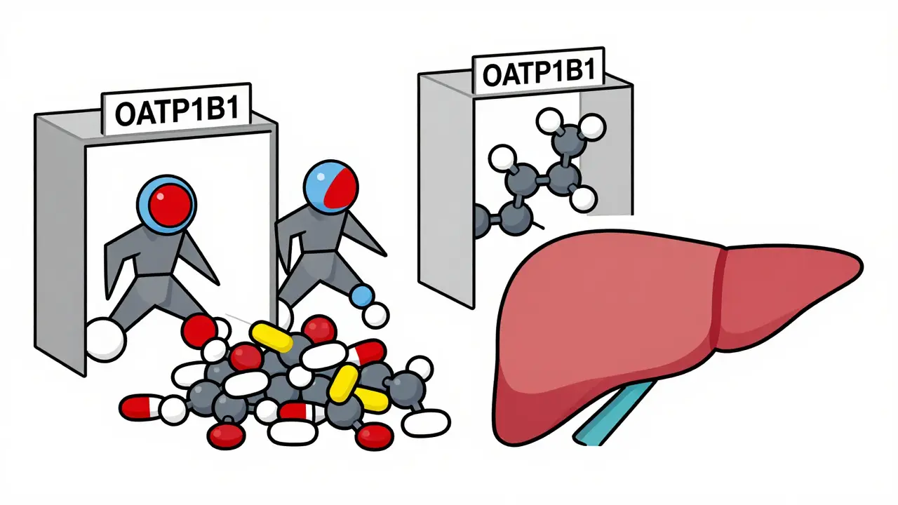 Molecular invaders blocking liver transporters, with pravastatin passing safely through.