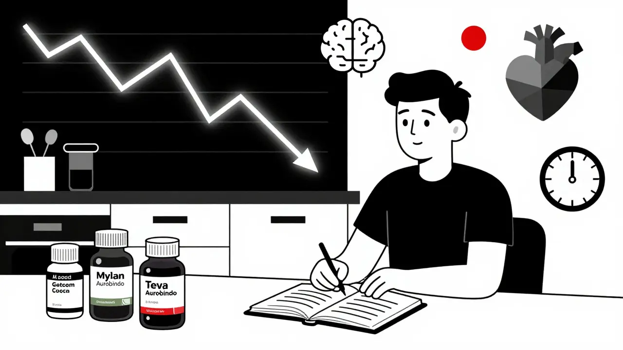 Patient at table with generic pill bottles and mood journal, jagged graph above showing symptom decline, geometric medical icons.
