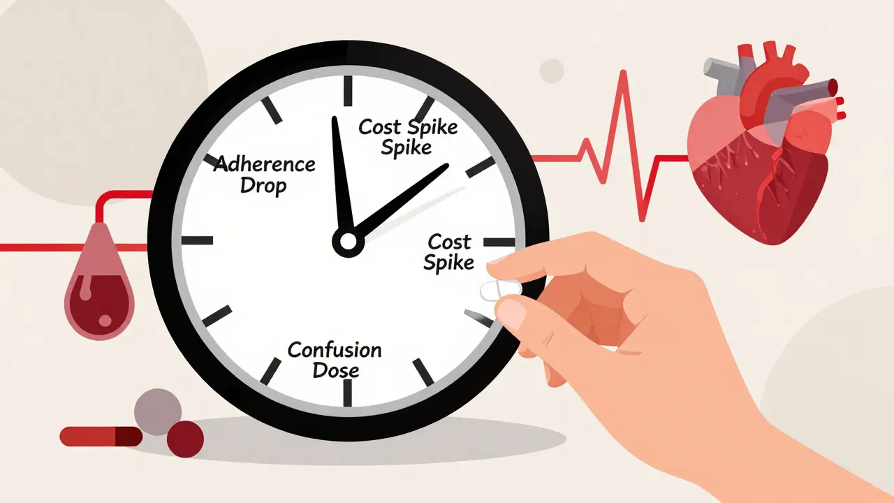Patient holding one pill as broken clock fragments represent medication challenges