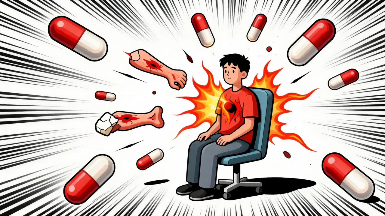 Patient surrounded by spreading pain zones as opioid pills rain down in distorted space.