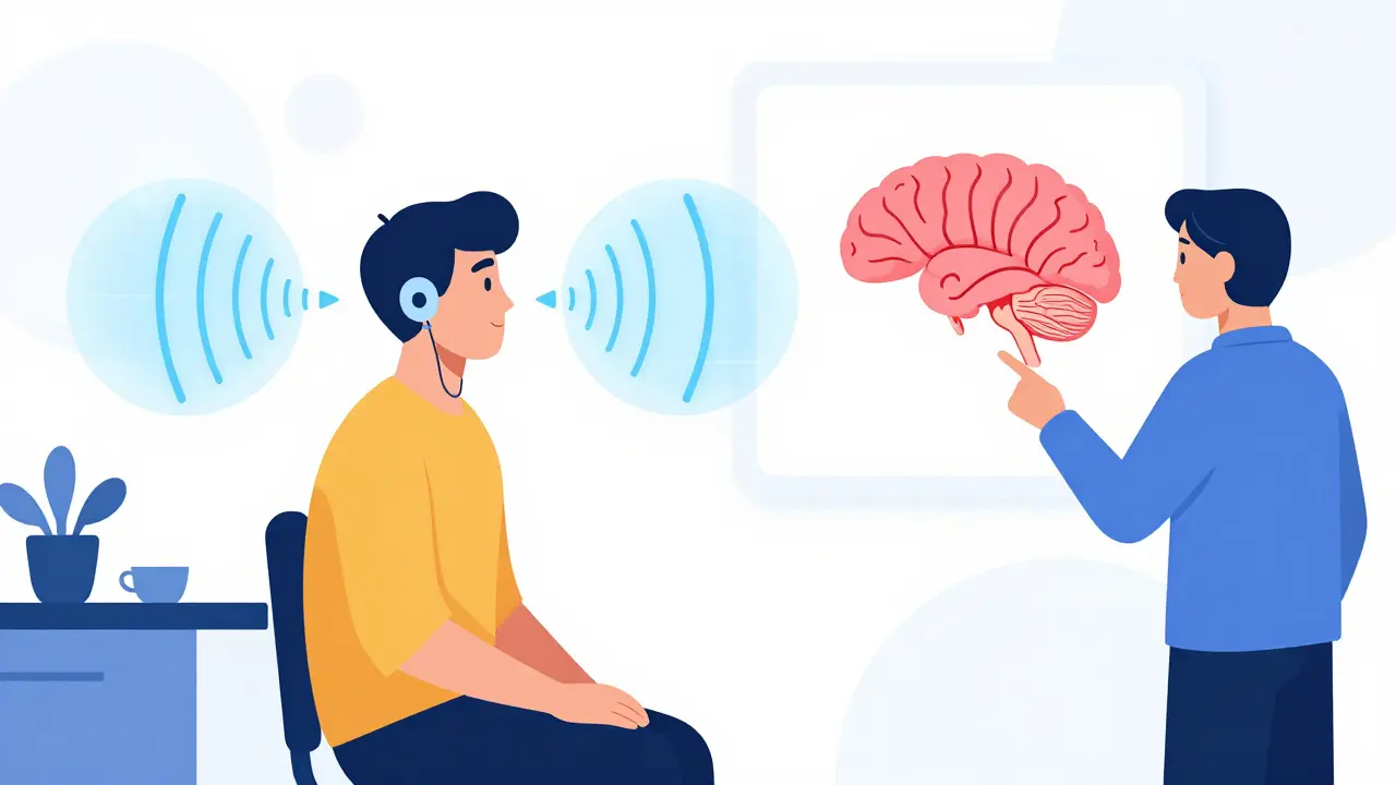 Patient wearing sound generators in a modern room, abstract tinnitus shapes fading into background.