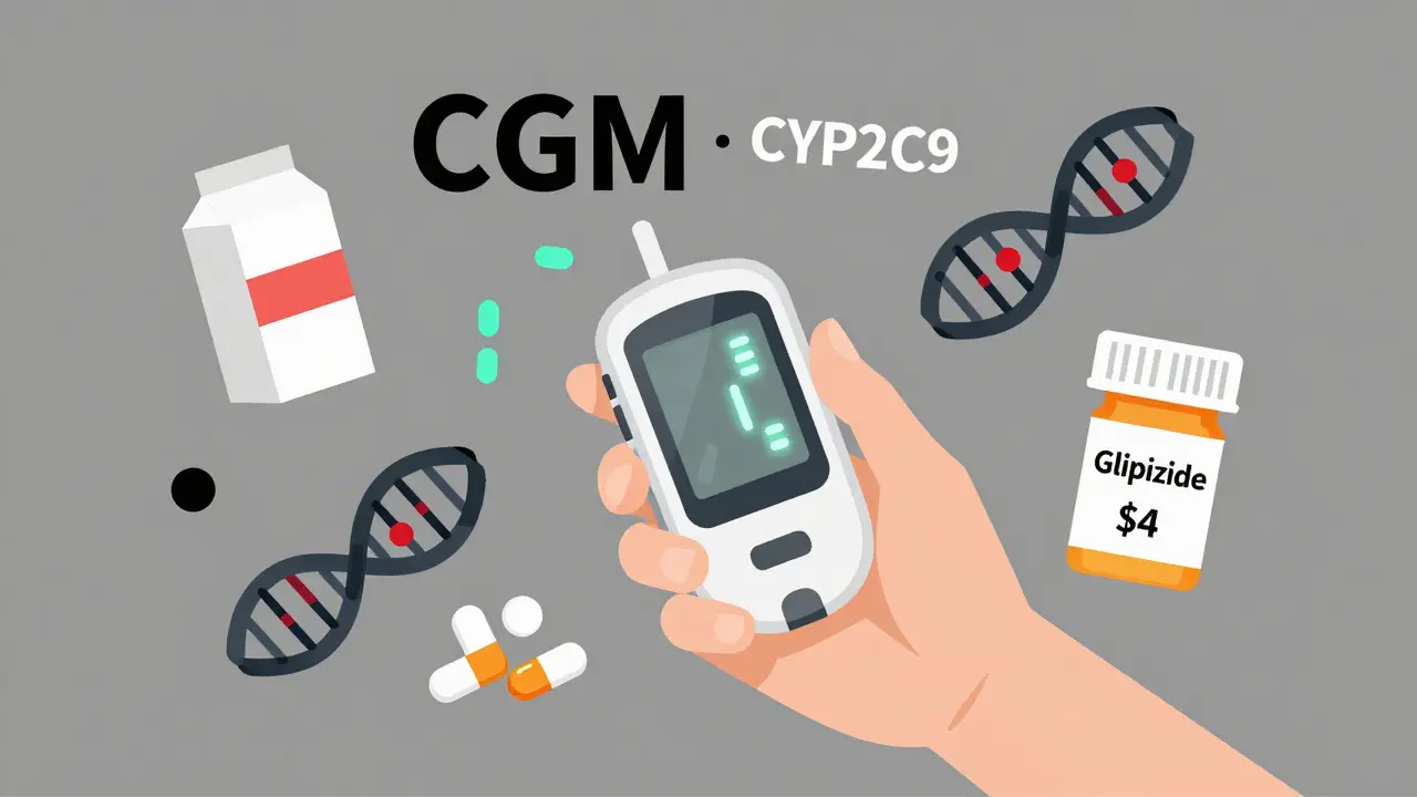 Patient with CGM surrounded by glucose tabs, DNA helix, and low-cost glipizide bottle in minimalist Bauhaus design.