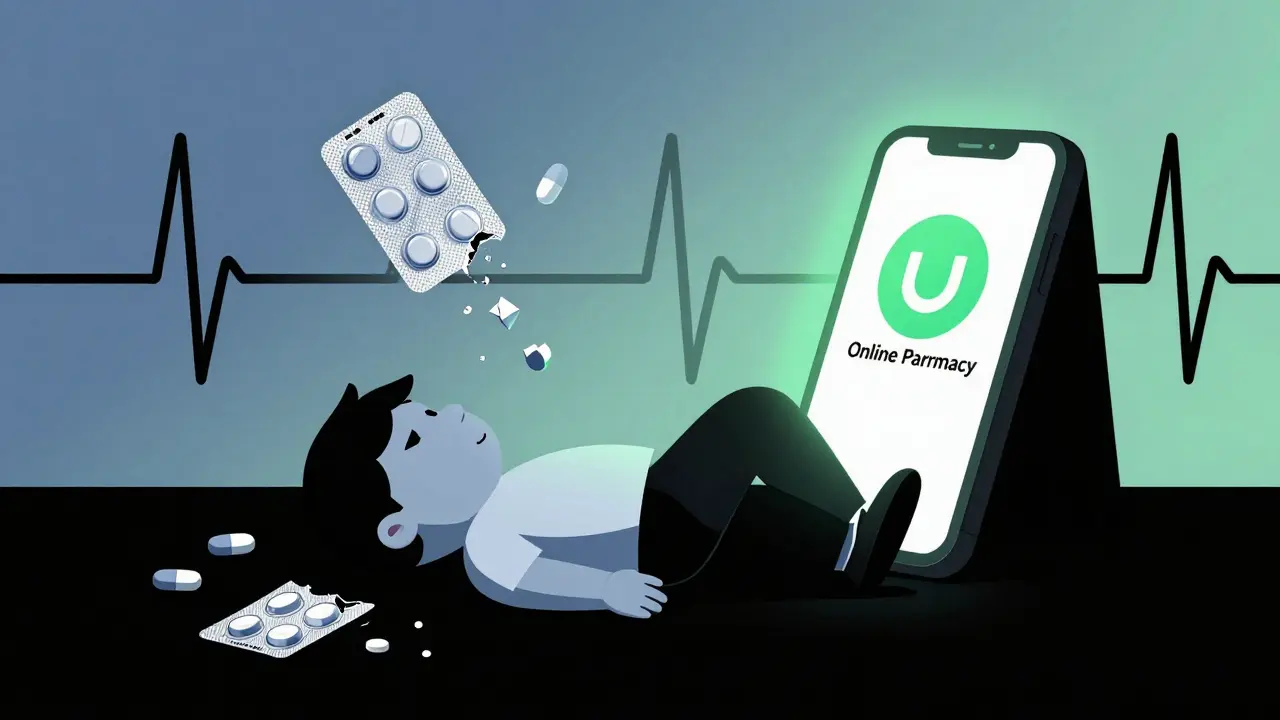 Person collapsing amid floating pill fragments and fake pharmacy screen, angular danger lines.