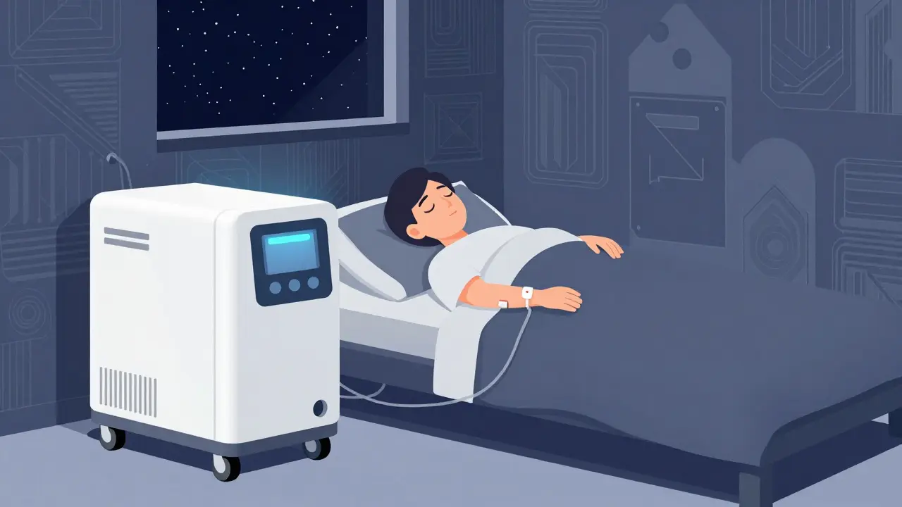 Person sleeping peacefully beside a compact automated dialysis machine at night.