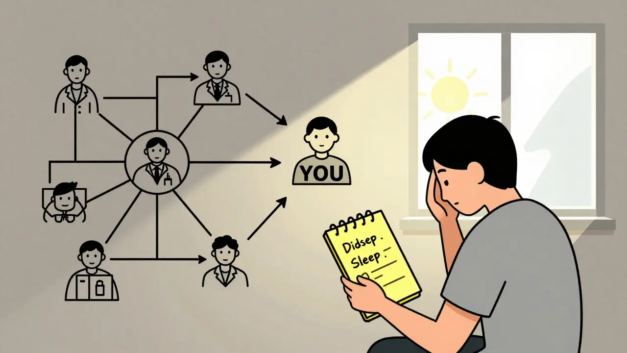 Person tracking symptoms in a notebook while connected to a network of healthcare providers