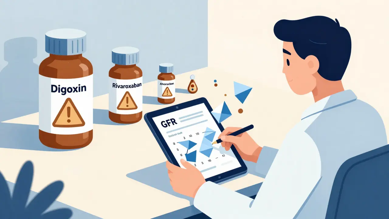 Pharmacist calculating kidney function with geometric medication warnings