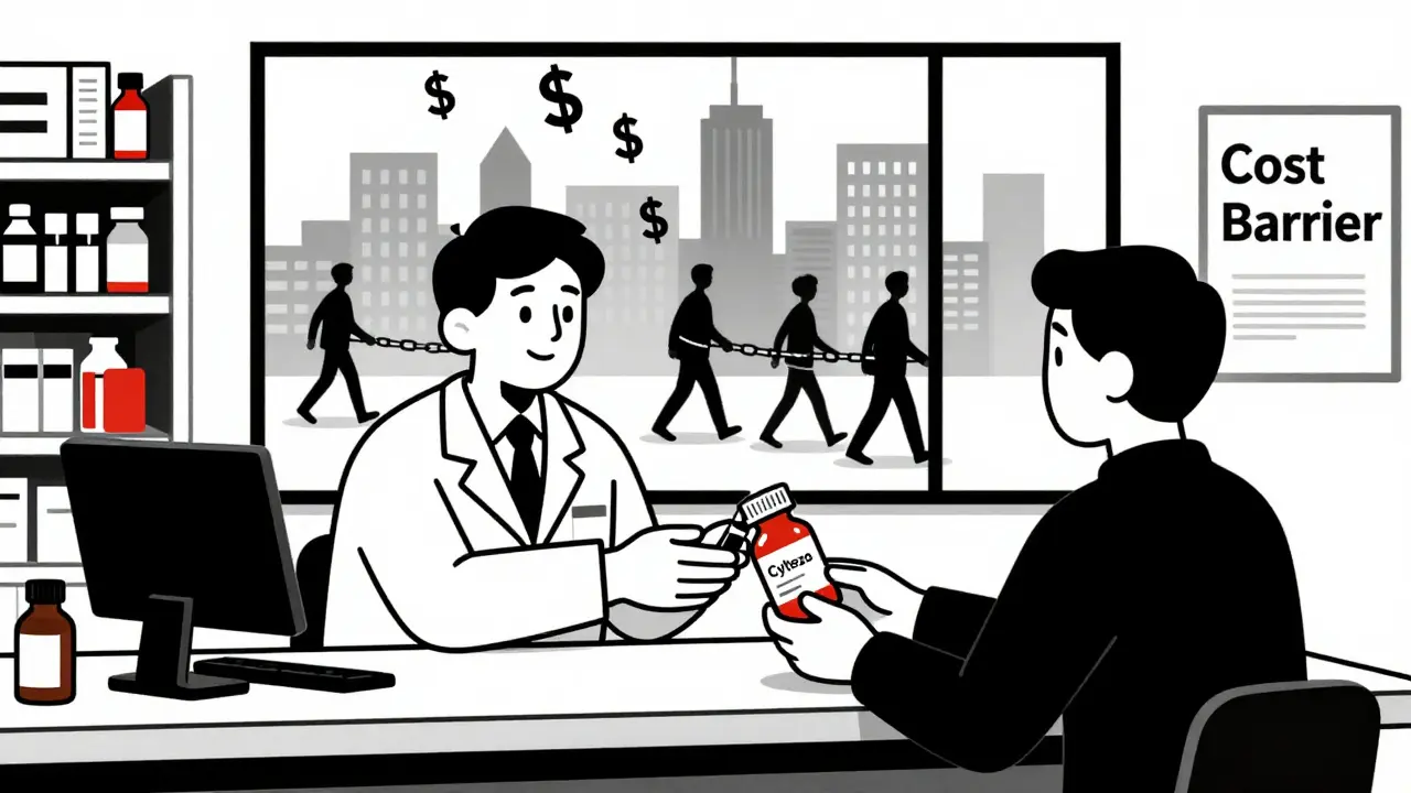 Pharmacist handing a biosimilar prescription to a patient, with price drops visible through a window.