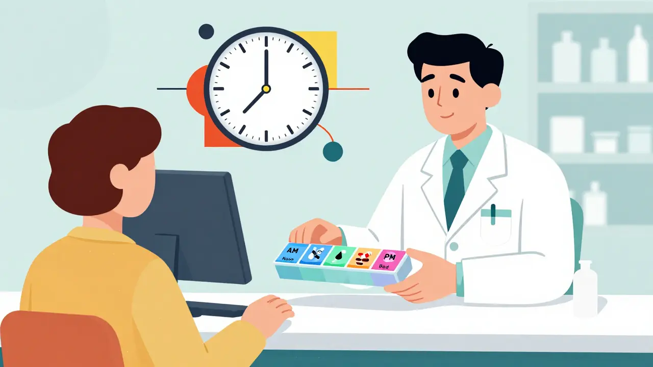 Pharmacist handing a color-coded pill organizer with labeled compartments for timed medication schedules.