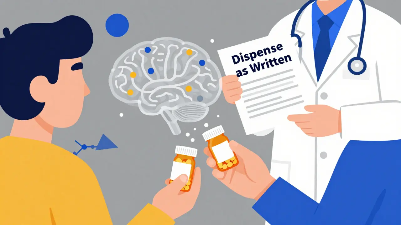 Pharmacist handing pill bottle to patient, doctor holds prescription with 'Dispense as Written', brain pathways overlay in abstract shapes.