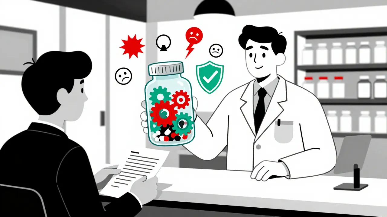 Pharmacist reviewing pills as floating drug interaction warnings are blocked by a checkmark shield