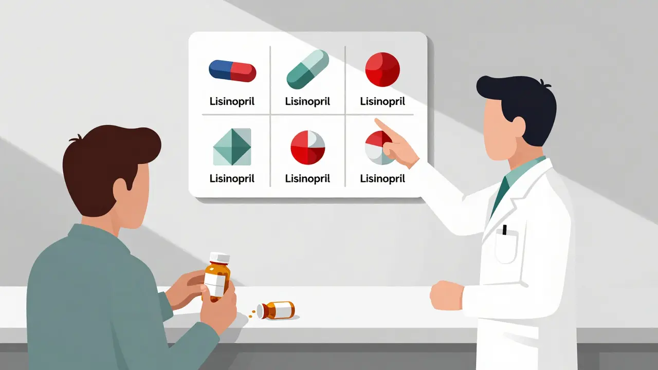 Pharmacist showing a wall chart of six differently shaped generic lisinopril pills to a concerned patient.