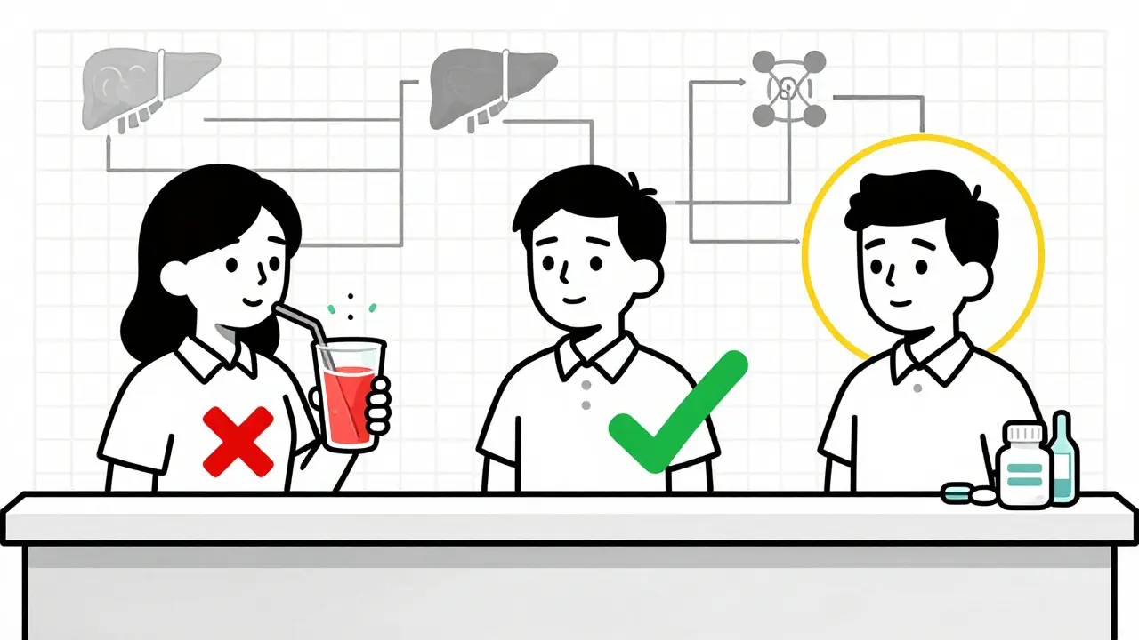 Pharmacy counter scene showing safe and unsafe statin combinations in Bauhaus design.