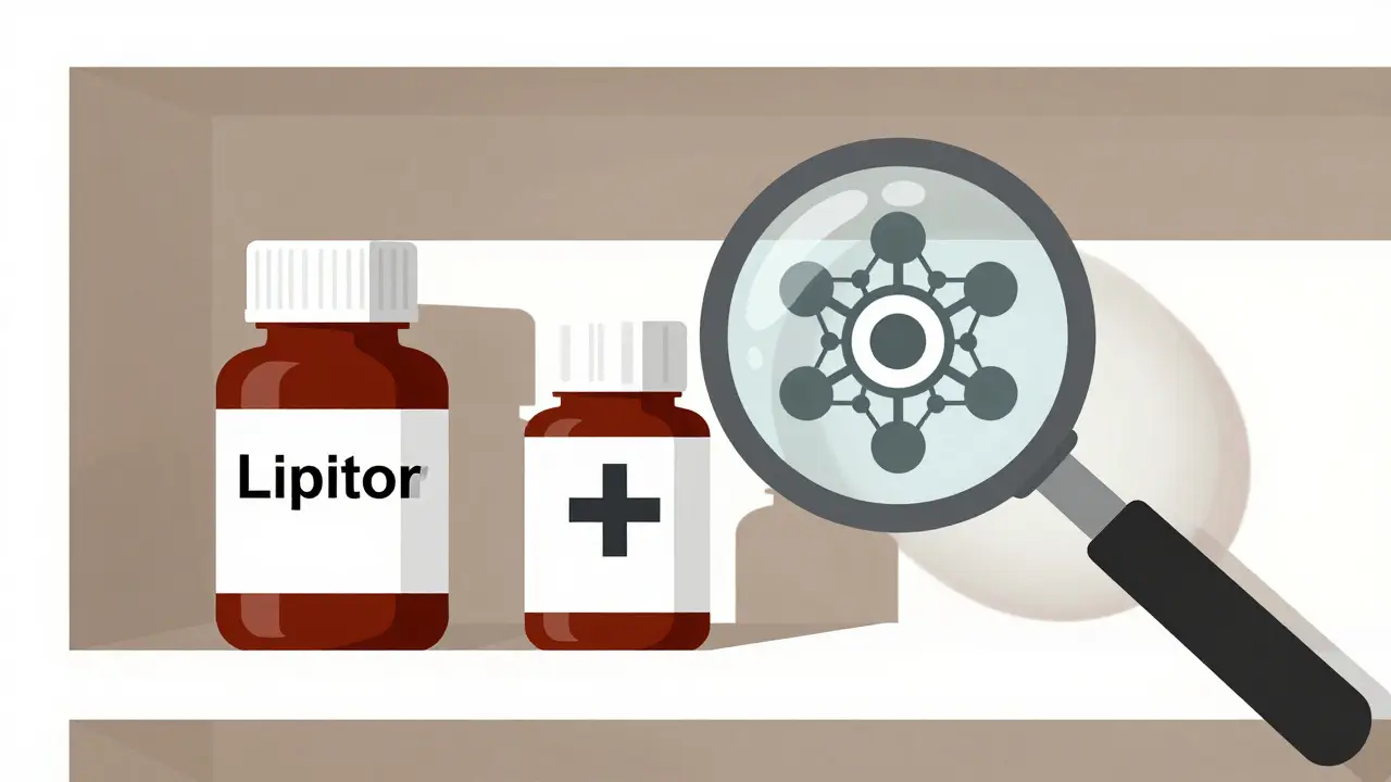 Pharmacy shelf with misspelled labels and smudged expiry dates, abstract toxic symbols in shadows.