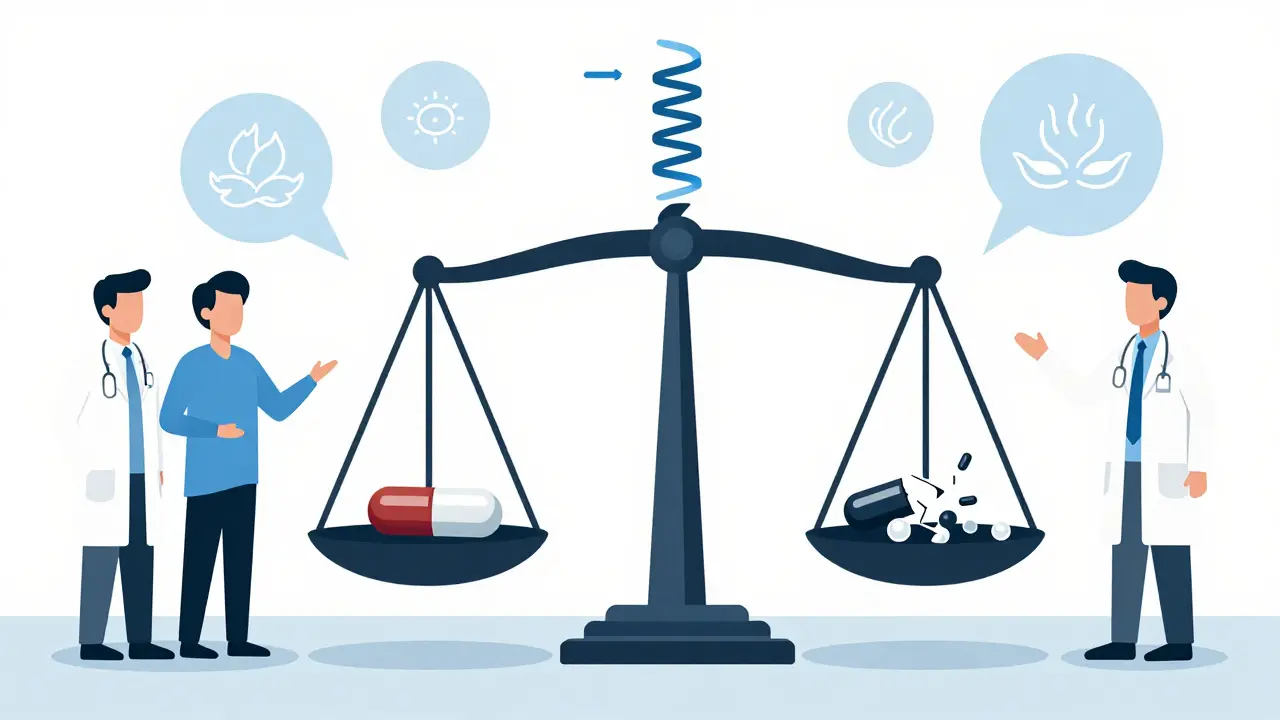 Scales balancing an opioid pill against shattered pain threshold with calming elements pulling balance.