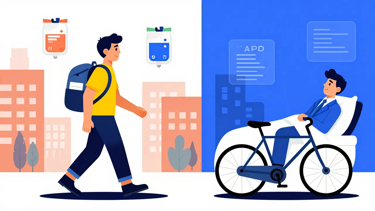Side-by-side comparison of CAPD and APD lifestyles with abstract geometric backgrounds.